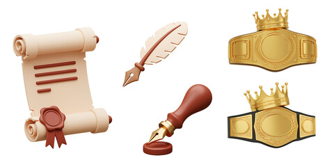 Antique writing tools and royal crests on white background