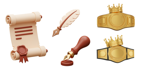 Antique writing tools and royal crests on white background