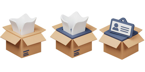 Three open cardboard boxes with white objects and one with a clipboard