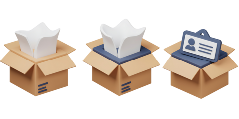 Three open cardboard boxes with white objects and one with a clipboard