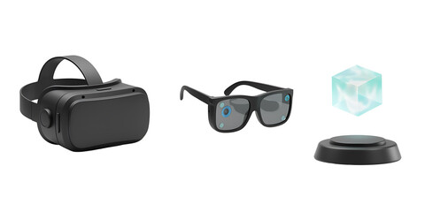 Virtual reality headset glasses and digital crystal on white  background