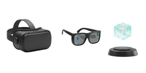 Virtual reality headset glasses and digital crystal on white  background