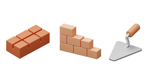 Construction materials bricks and trowel isolated on white  background