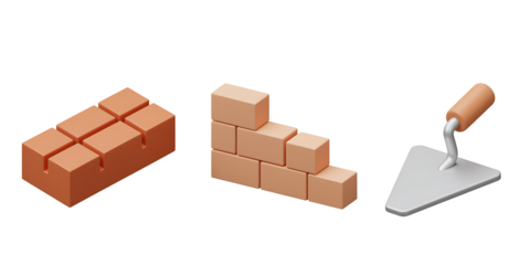 Construction materials bricks and trowel isolated on white  background