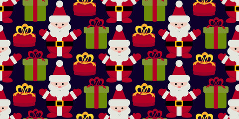 Seamless holiday pattern with Santa Claus figures and bright red green gifts on dark background. Perfect for festive textiles, packaging, wrapping paper, and Christmas decor