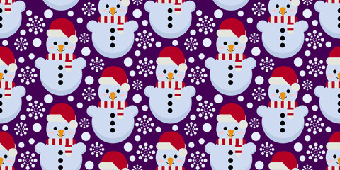 Seamless pattern with white snowflakes and snowman wearing striped scarf and Santa hat on purple background. Great for winter textiles and festive print projects