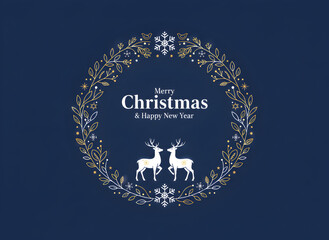 Title: Elegant Christmas Wreath Frame with Reindeer on Navy Blue Background