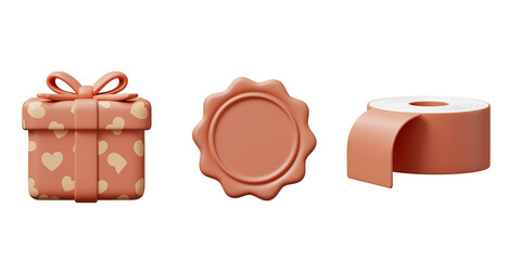 Gift box wax seal and toilet paper roll on white background