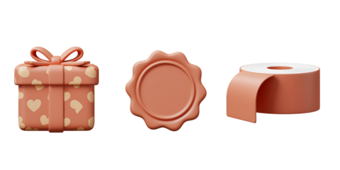 Gift box wax seal and toilet paper roll on white background