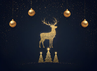 Title: Luxury Golden Reindeer Christmas Scene on Midnight Blue Background