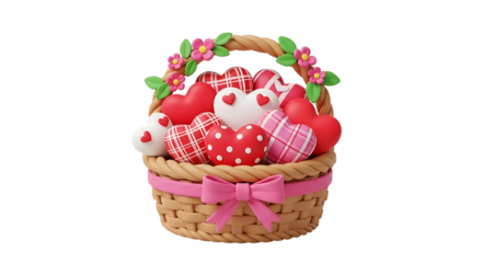 Decorative heart basket with pink flowers and ribbon, isolated on transparent background