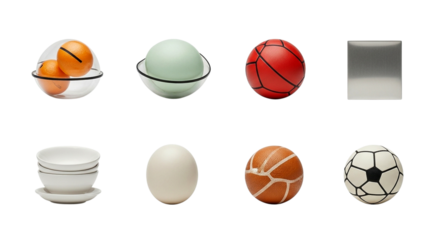 Collection of Diverse Spherical Objects, Fruits, and Kitchenware Arranged Neatly