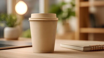 Close up of a beige disposable coffee cup resting on a light wooden desk next to a notebook