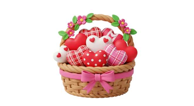 Decorative heart basket with pink flowers and ribbon, isolated on transparent background - Powered by Adobe