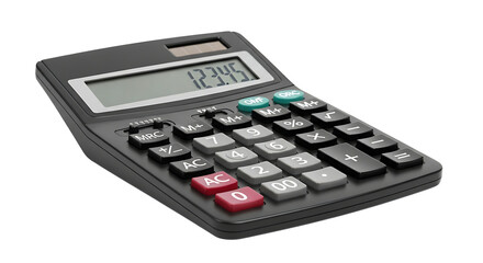 Black Digital Desktop Calculator with Solar Panel and LCD Screen, Isolated on Transparent Background