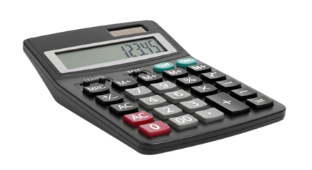 Black Digital Desktop Calculator with Solar Panel and LCD Screen, Isolated on Transparent Background