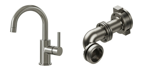 Modern kitchen faucet and industrial pipe fitting on white  background