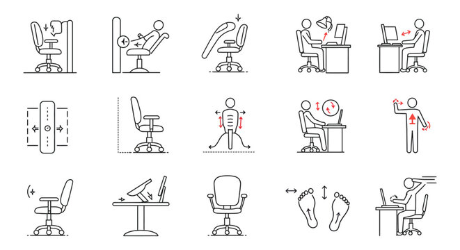 ergonomic office icons illustrating proper chair adjustment desk posture and workplace exercises for health and comfort.