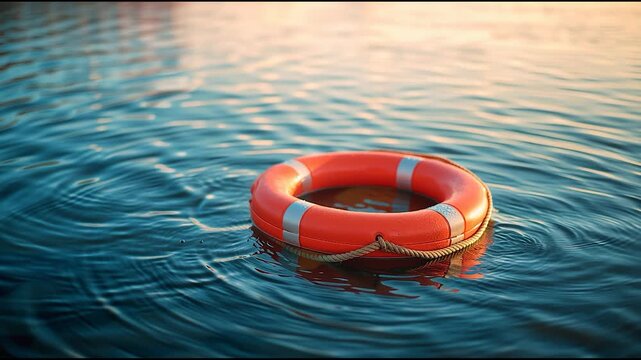 Bright orange lifebuoy floating on calm water at sunset, safety and rescue equipment at sea