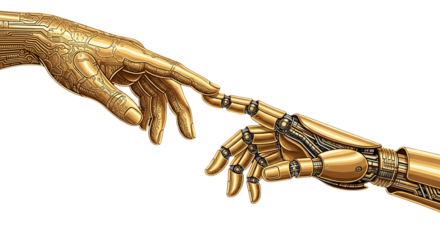 Artificial Intelligence Human Hand Touching Robotic Hand Gold Digital Connection