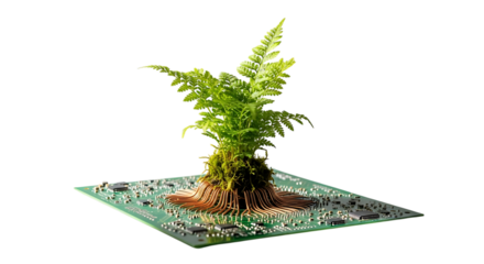 Green Plant Growing from Circuit Board Symbolizing Sustainable Technology and Innovation