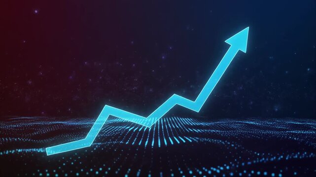 Glowing blue line graph with an upward trend on a dark background with digital waves and stars, symbolizing business growth and success.
