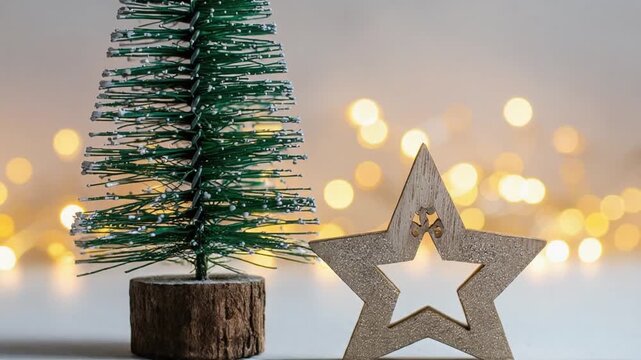 ecoraci&oacute;n navide&ntilde;a compuesta por un &aacute;rbol de escritorio con efecto nevado y una estrella dorada con purpurina. Al fondo, luces c&aacute;lidas desenfocadas crean un ambiente acogedor y festivo.