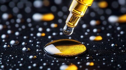 Droplet of Serum from Pipette on Black Surface with Closeup.
