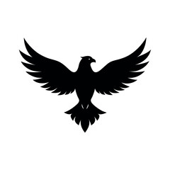 Obraz premium Black silhouette eagle flying with wings wide, simple minimal style, white background