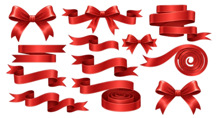 Shiny Red Satin Ribbons and Decorative Bows Collection for Festive Occasions and Gifts