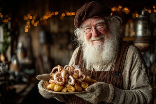 Elderly man with long white beard, brown beret, smiling while holding plate of Polvo a Lagareiro. Concept of warm cozy atmosphere with octopus, olive, potatoes, Portuguese cooked delicacies.