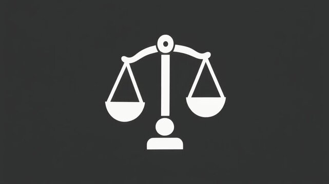 Simple white icon of balanced scales on a black and white background representing justice and business.