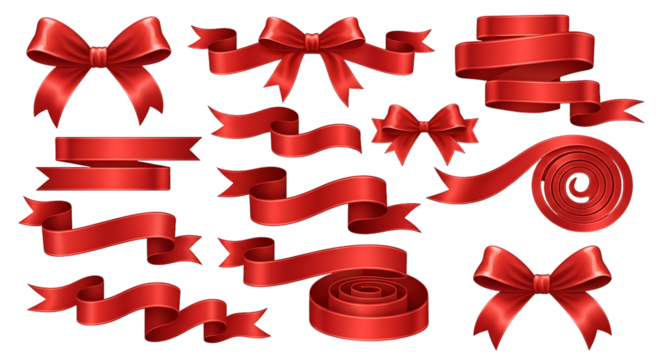 Shiny Red Satin Ribbons and Decorative Bows Collection for Festive Occasions and Gifts - Powered by Adobe