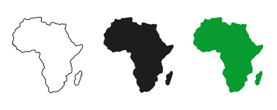 Africa map icon collection, Africa map continent sign vector set in outline, solid and nation flag style