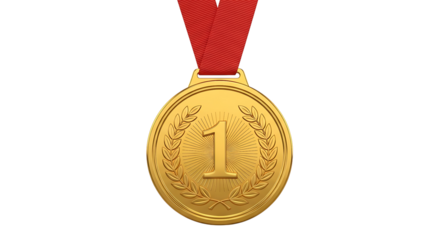 First Place Gold Medal with Red Ribbon Isolated on White Background for Achievement