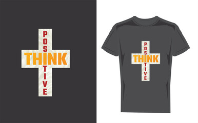 Black tshirt with think positive graphic design mockup on wooden background