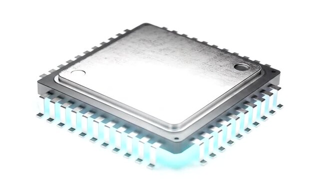 Close-up of a Modern Computer Processor Chip with Glowing Pins.