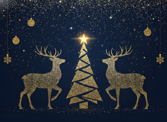 Golden Glitter Reindeer with Christmas Tree Under Starry Night Sky