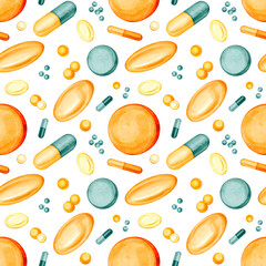 Watercolor hand drawn various colorful pills, tablets, capsules, vitamins seamless pattern. Medications, medicines isolated on transparent background. Vibrant illustrations for medical, health