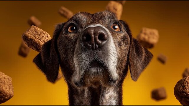 Cute dog looking up at floating dog treats against vibrant orange background