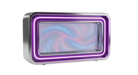 Futuristic Neon Display Frame with Iridescent Swirls on Screen, Isolated