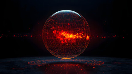 Futuristic Red Digital Globe with Exploding Data Particles