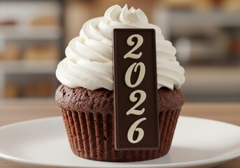 Happy New Year food Chocolate cupcake with vanilla frosting and 2026 chocolate plaque on plate | celebration, festive, holiday,