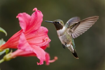 Fototapeta premium Hummingbird in flight near a pink flower, showcasing its rapid wing motion and vibrant plumage.