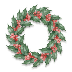 Snow-Dusted Holly Wreath with Frosted Red Berries