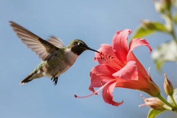Hummingbird feeding from a pink flower against a clear blue sky