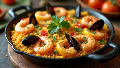 Close up of seafood paella in black pan. Shrimps mussels parsley lemon on cooked rice. Dish contains vegetable herbs. Spanish cuisine meal for dinner.