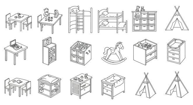 line art collection of kids furniture and play accessories bunk beds changing tables storage teepees. ideal for nursery and playroom design.