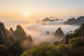 Sunrise over mist-covered mountain peaks with lush greenery and dramatic rock formations