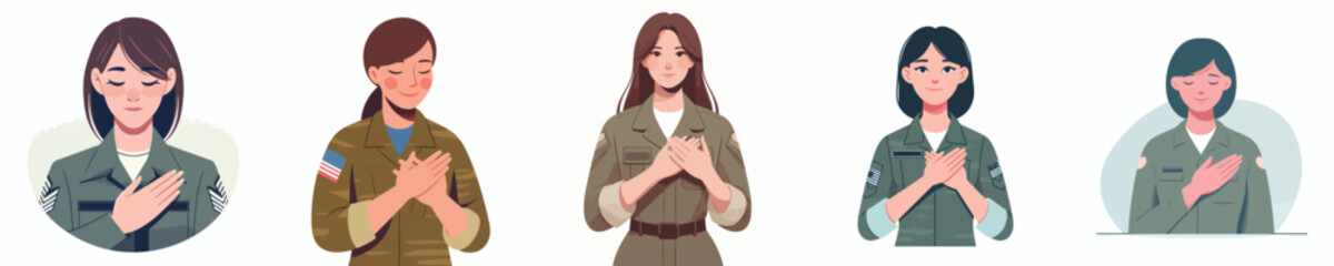 vector of a female army putting his hand on his chest as a sign of empathy